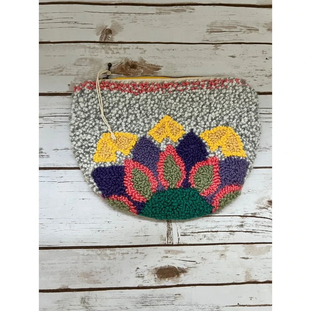 Handmade Clutch Multi-color Punch Needle Tufted Checkered Large OS